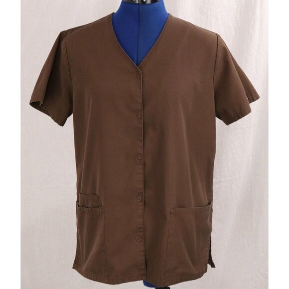Cherokee Workwear Authentic Scrubs Brown Snap Front Top XS Lab Medical Uniform S - Picture 1 of 10